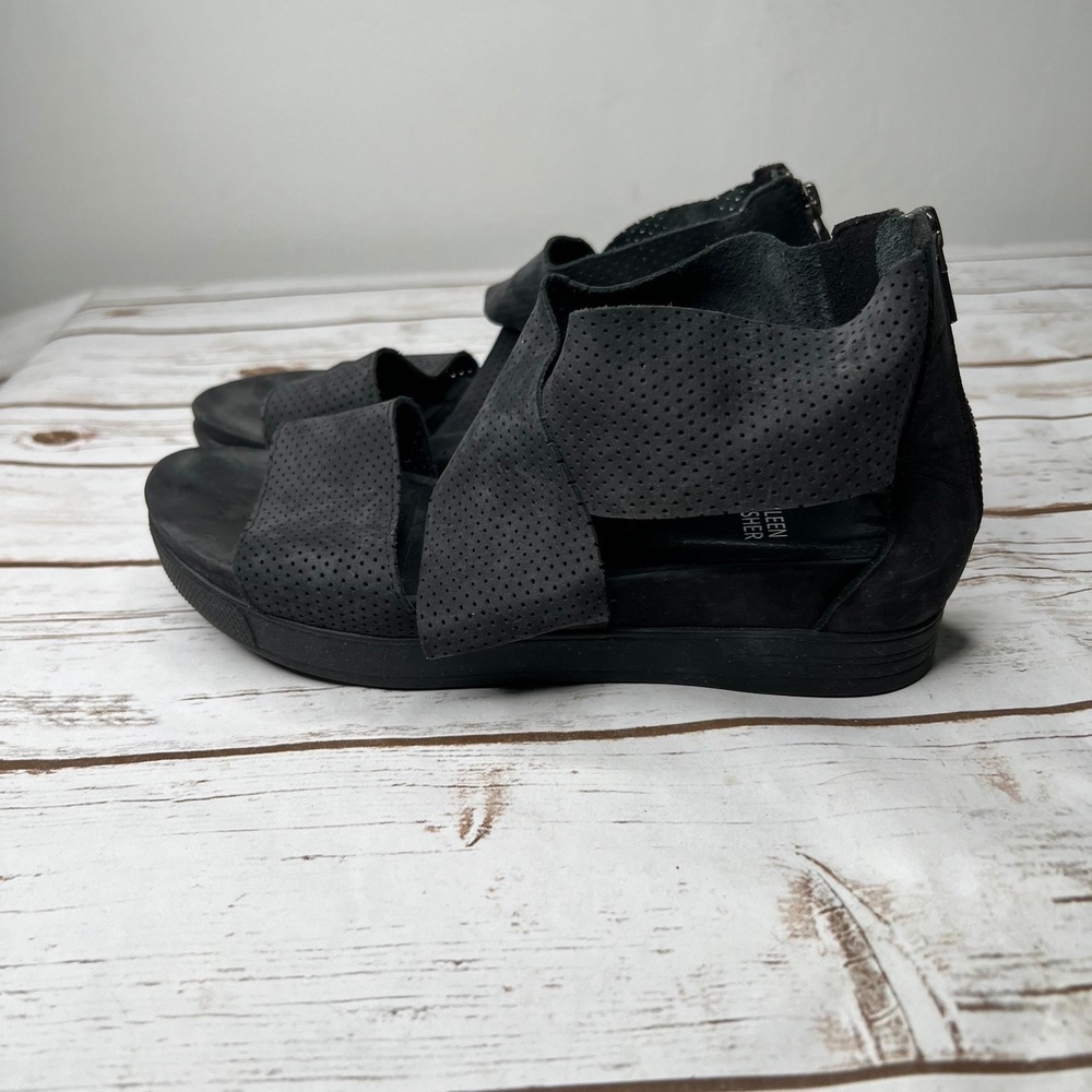 Eileen Fisher Sandals Black Perforated Nubuck Leather Back Zip Wedge 9.5